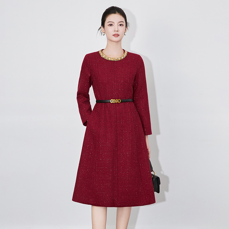 小香风重工圆领金钻亮丝时尚洋气连衣裙女秋冬