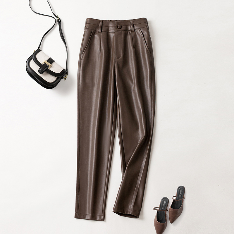 真皮皮裤女小个子2025秋冬新款高腰休闲哈伦裤绵羊皮小脚裤萝卜