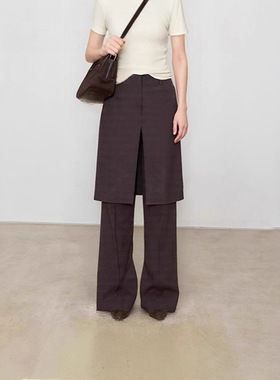 欧洲不易皱精纺羊毛 时髦博主层次感假两件开叉微喇裙裤女秋新款