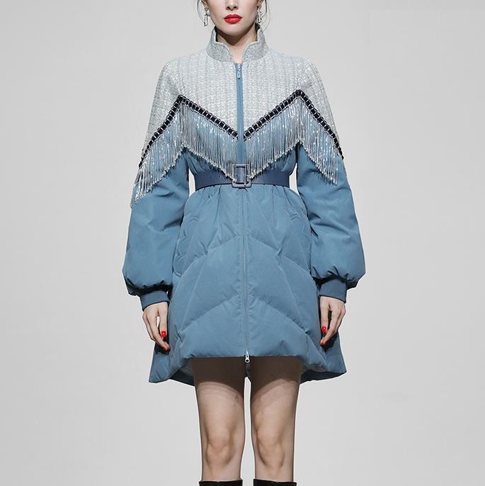 冬季女装新款撞色收腰中长款白鸭绒羽绒服蓝色加厚面包服外套