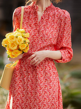 桑蚕丝连衣裙女碎花2026夏装新款七分袖系带收腰重磅真丝裙子女装