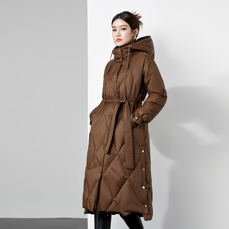 女羽绒服女2025冬季长款过膝女款90白鸭绒连帽侧开叉新款加厚外套