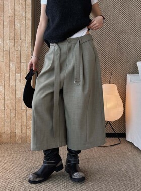 春季新款法式复古高腰阔腿花苞西裤配腰带包扣佰搭七分裤女