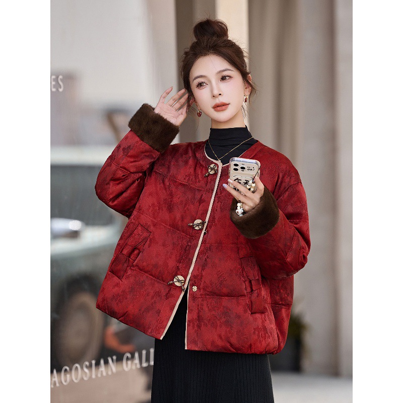 新中式国风羽绒服女冬季百搭覆古印花加厚保暖白鸭绒红色短外套