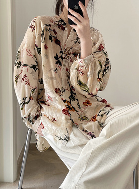 春秋夏季新款韩版复古宫廷风丝绒印花衬衫宽松显瘦休闲垂坠上衣女