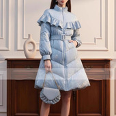 高领荷叶边灯笼袖 2025冬季 新款 腰带收腰小A字绣花提花羽绒服外套