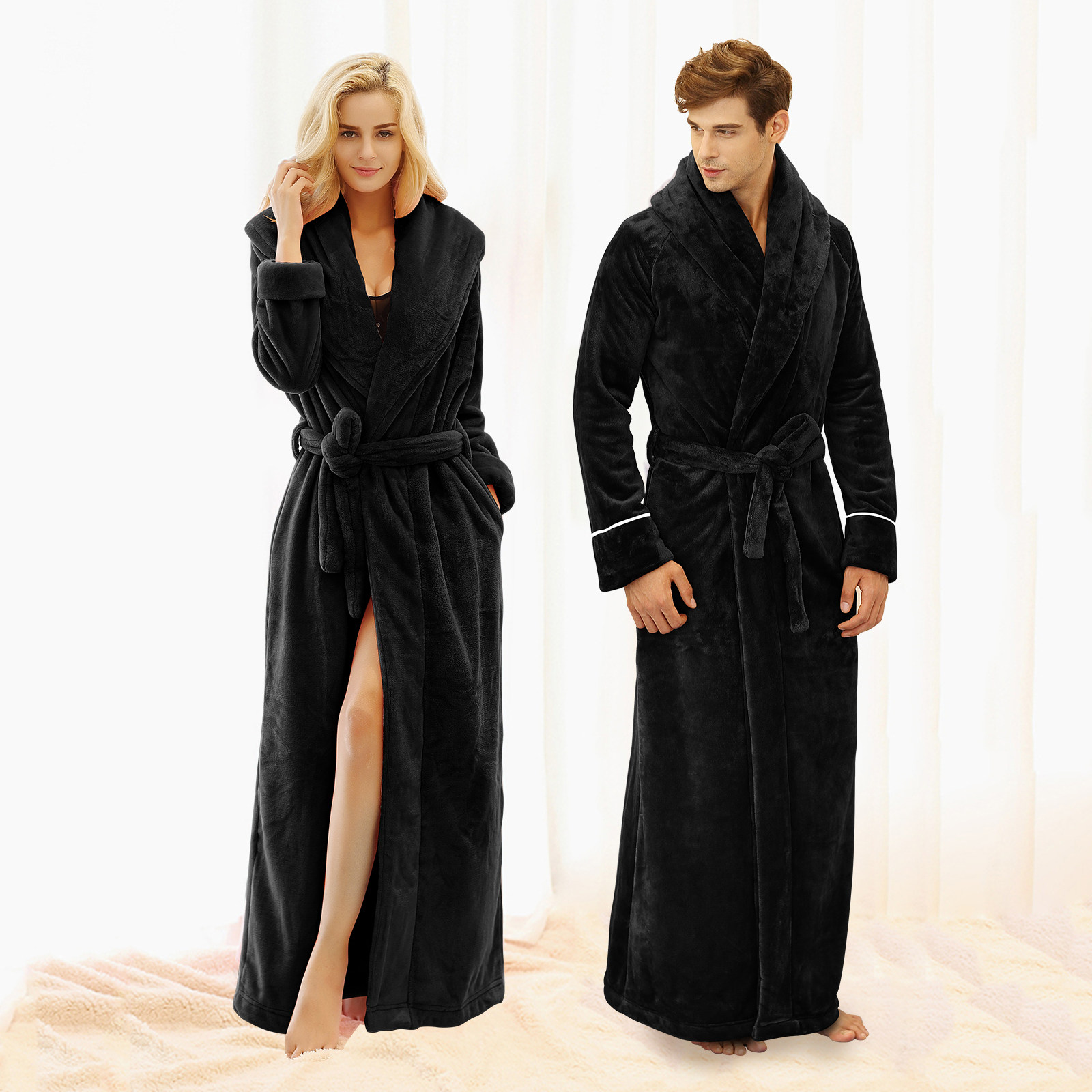 超长至脚背情侣睡袍女秋冬季黑色长款法兰绒大码浴袍男睡衣家居服,女士内衣/男士内衣/家居服,睡袍/浴袍,淘宝优惠券,粉丝福利购,淘宝优惠卷