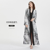 长裙沙滩裙家居服女 水墨风复古印花开衫 飘逸薄款 棉绸睡袍女夏季