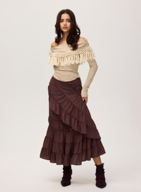 弗拉明戈裙波嬉风流浪风围裹裙嬉皮波西米亚boho荷叶边显瘦百褶裙