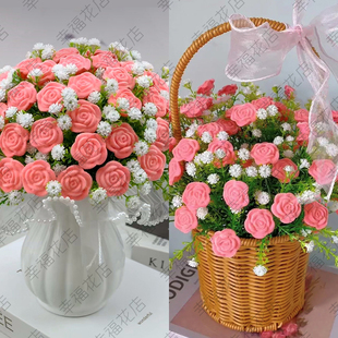 抖音同款 饰摆件 温馨玫瑰花手工制作材料包diy植绒玫瑰花装