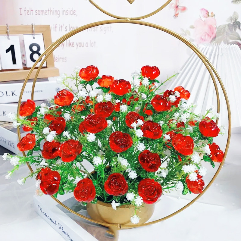 52朵满天星水晶玫瑰花送铁艺花架手工diy材料装饰摆件手工编织