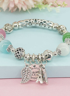 古银色弹力绳女猫眼石手链