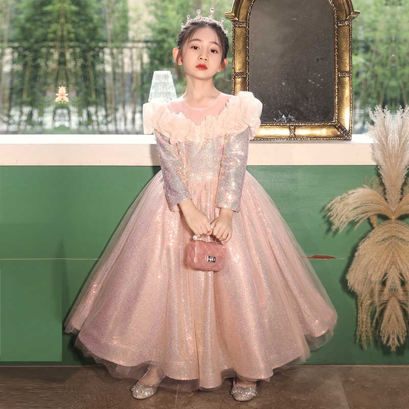 女童粉色礼服公主裙高端生日小女孩花童主持人儿童钢琴演出服长袖