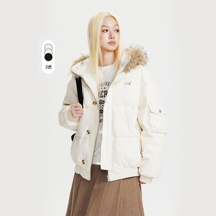 美式 防寒保暖短外套09 复古大毛领90白鸭绒毛领连帽羽绒服男女冬季