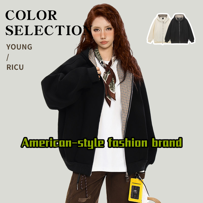 美式复古连帽拉链夹克国潮无性别春秋百搭男女卫衣宽松休闲外套SW