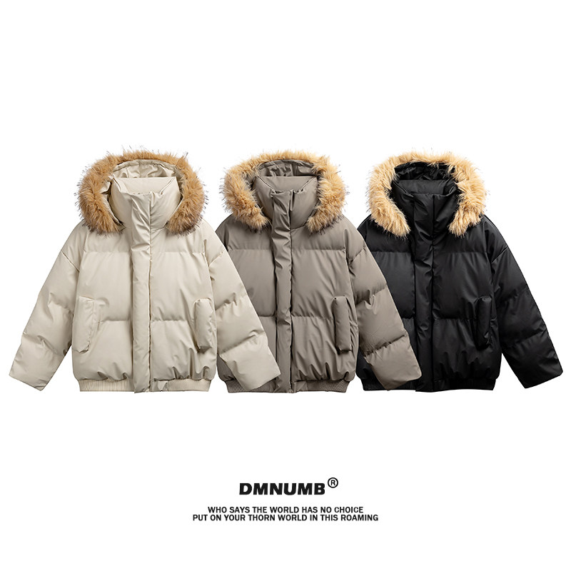 美式复古毛领连帽棉衣情侣款