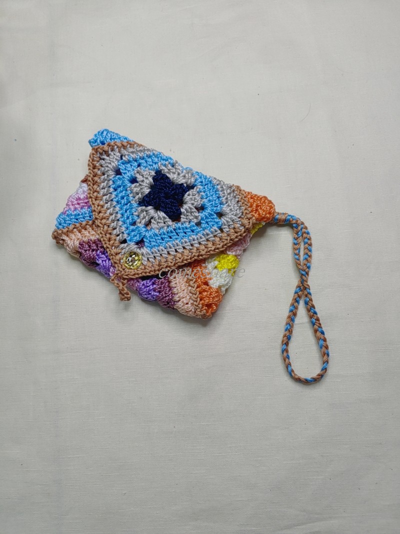 翻盖卡包钥匙包冰丝线手工钩织祖母格彩色花片耳机包