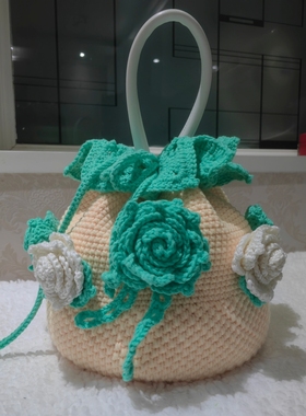 高级白玫瑰手提包20CM直径手工钩织毛线包绿色花园公主包单肩包女