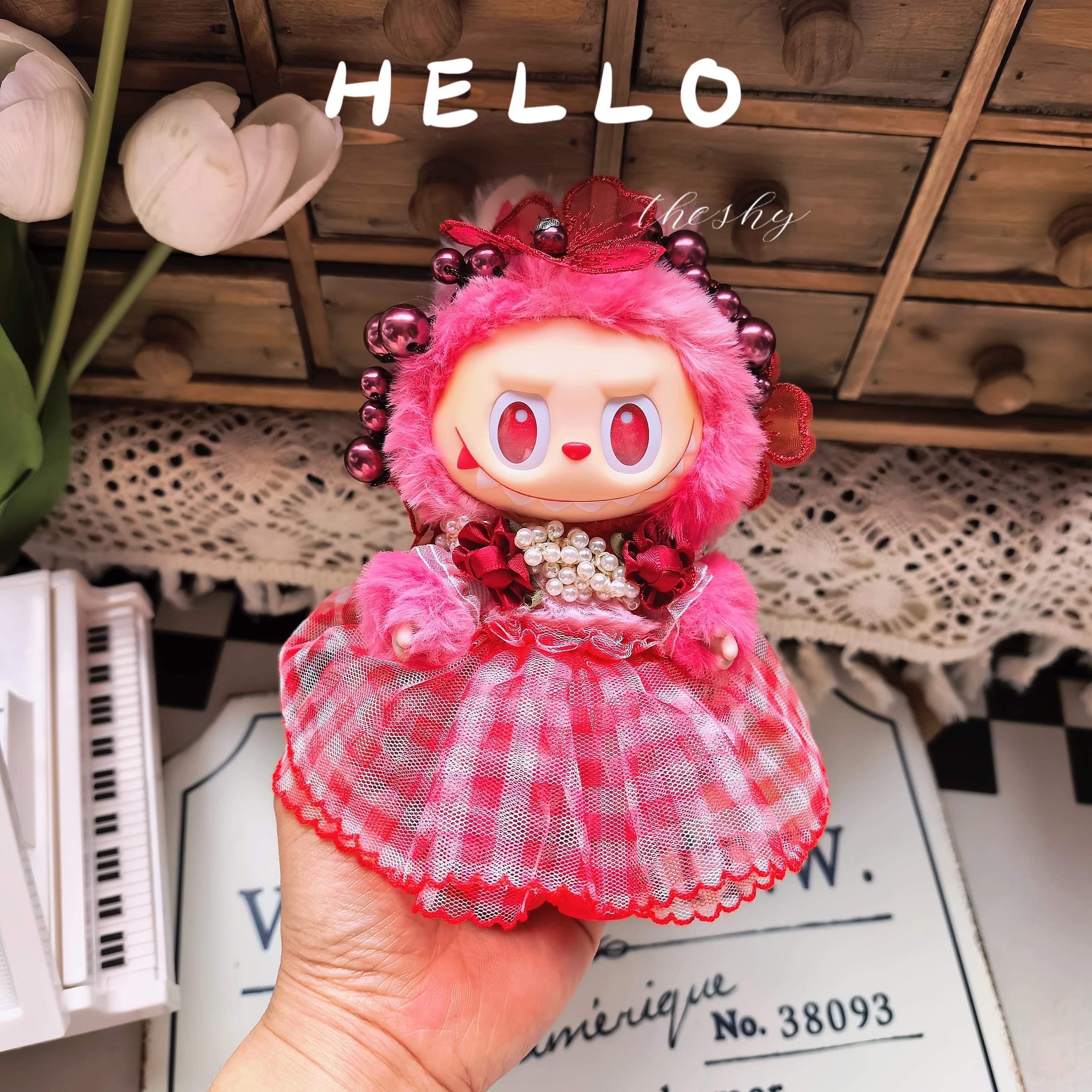 仅娃衣》labubu17cm娃衣拉布布衣服搪胶公仔红色Love格子花朵裙套