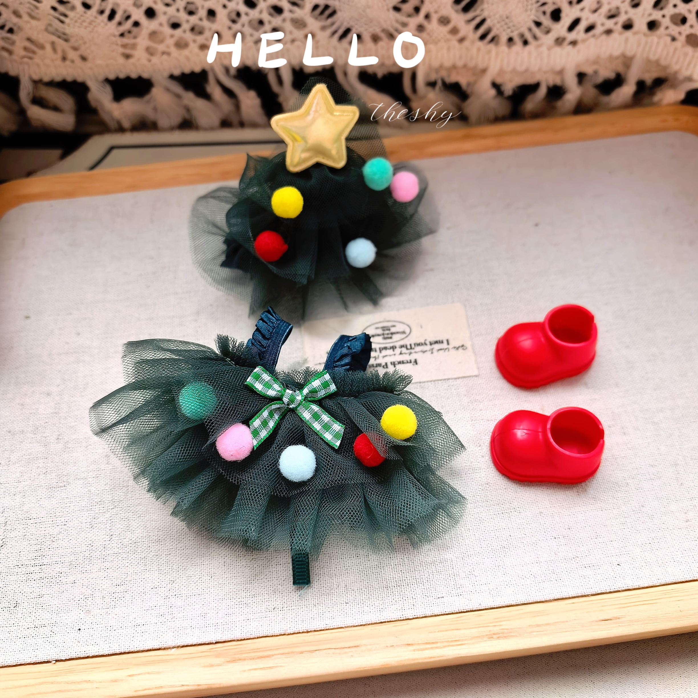 纯手工制作娃衣12cm到17cm的棉花娃娃娃衣蕾丝圣诞连衣裙圣诞帽套