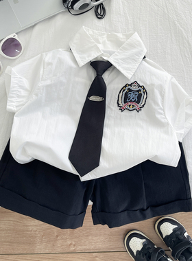 男童夏季学院风套装纯棉儿童白色领带衬衫礼服宝宝短袖短裤两件套