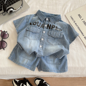 牛仔套装 宝宝夏薄款 潮酷儿童短袖 两件套2025新款 衣服 衬衫 男童夏季