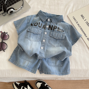 男童夏季牛仔套装潮酷儿童短袖衬衫两件套2025新款宝宝夏薄款衣服