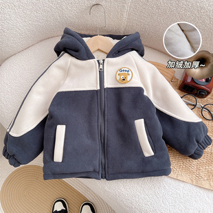 男童加绒外套冬季儿童摇粒绒上衣连帽宝宝冬装加厚棉服保暖毛毛衣