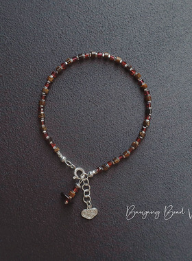 白洋珠柜 S925纯银紫牙乌石榴天然彼得石手链  原创小众设计