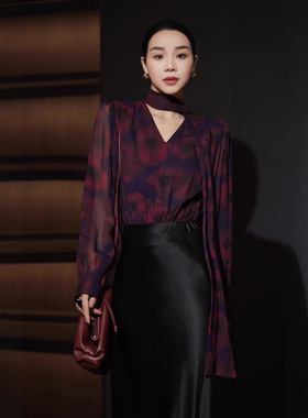 重磅法式紫色晕染印花优雅系带蝴蝶领结灯笼长袖衬衫女 Real Silk