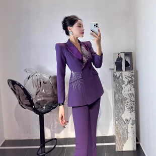 南油2026高级感气质重工钉珠西装+V喇裤套装西服套裤 Blazer+Pant
