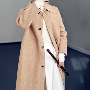 高端女装春秋全羊毛 人字纹复古外套双面呢大衣中长款驼色小香风