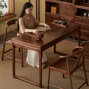 杪轩黑胡桃木新中式实木阳台茶桌家用小型休闲茶台禅意喝茶桌椅