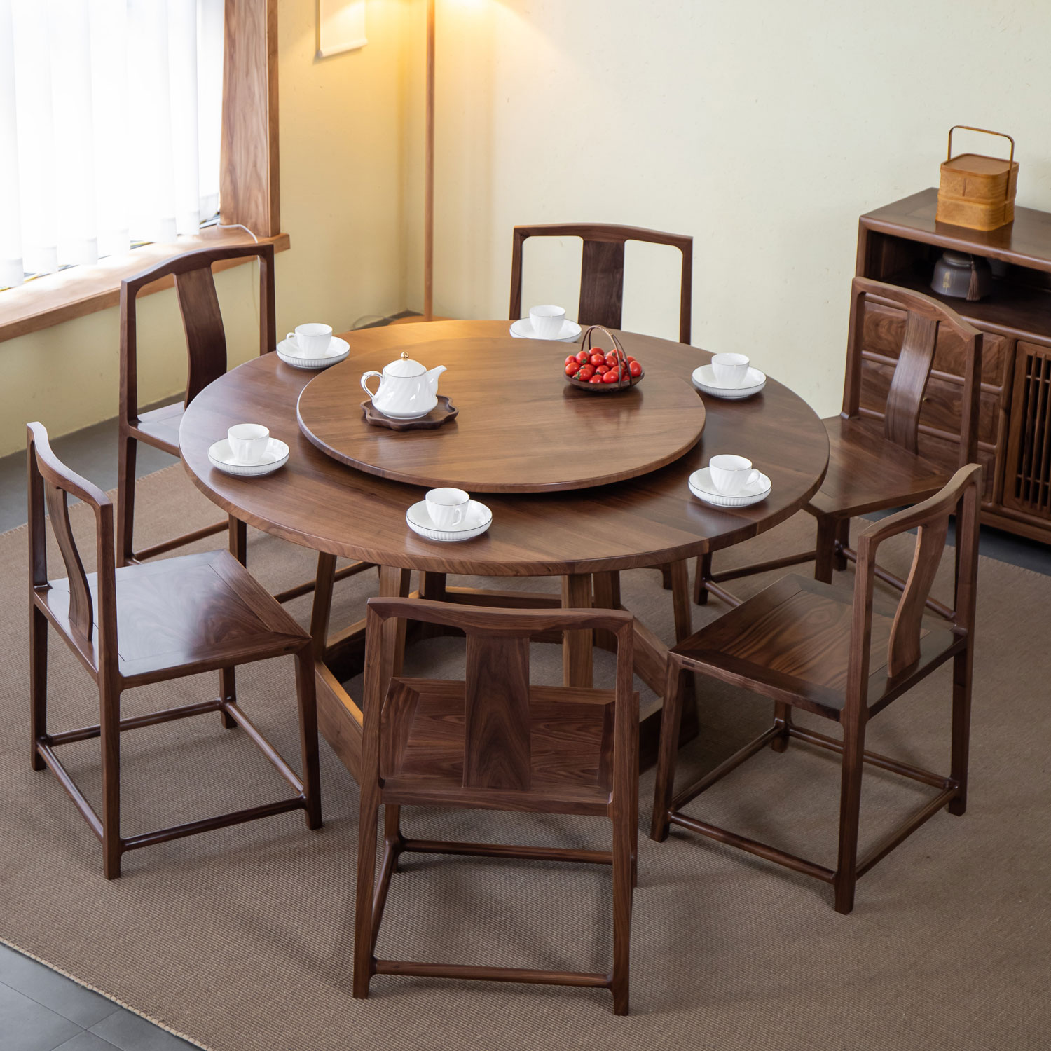 圆形黑胡桃木新中式带转盘