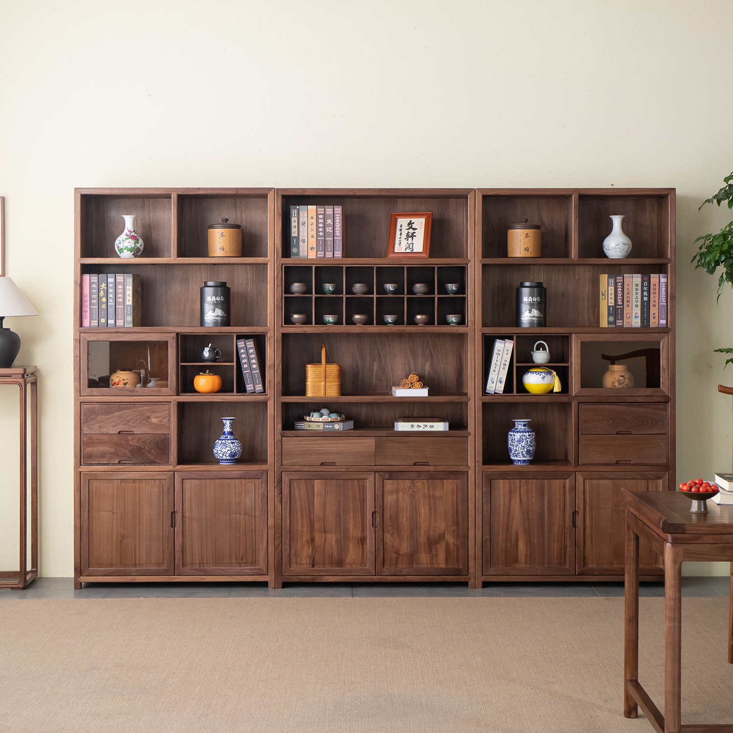 杪轩新中式博古架黑胡桃木实木书架新款三组合展示柜茶室家具