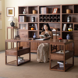 书桌实木禅意书房画案黑胡桃老榆木办公书法书画桌家具 新中式