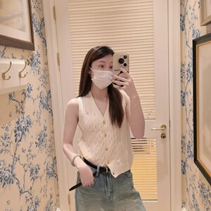 元货~美系R标 2025春季女装经典绞花纯棉V领针织背心女士马甲开衫