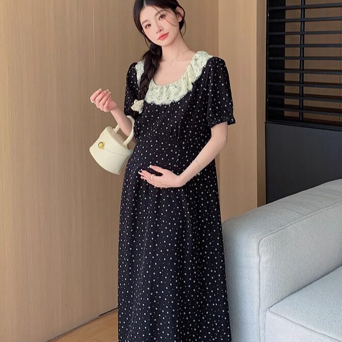 2025新款孕妇装夏装连衣裙蕾丝边雪纺碎花气质连衣裙显瘦孕期长裙