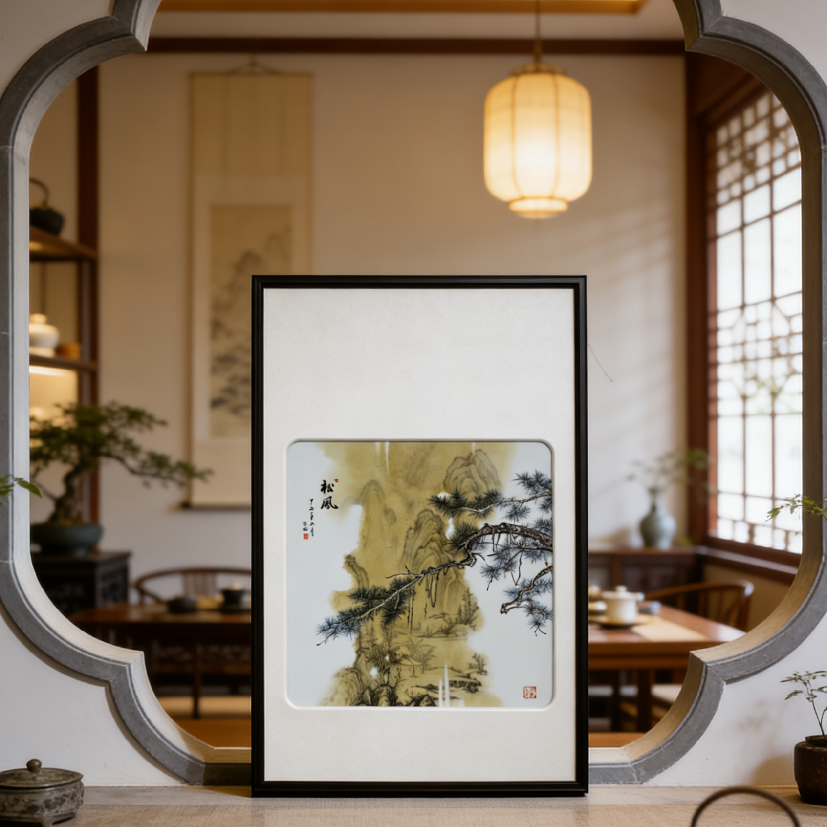 蝉心亭应治政手绘松风瓷板画中国风新中式山水画手工艺术品装饰画