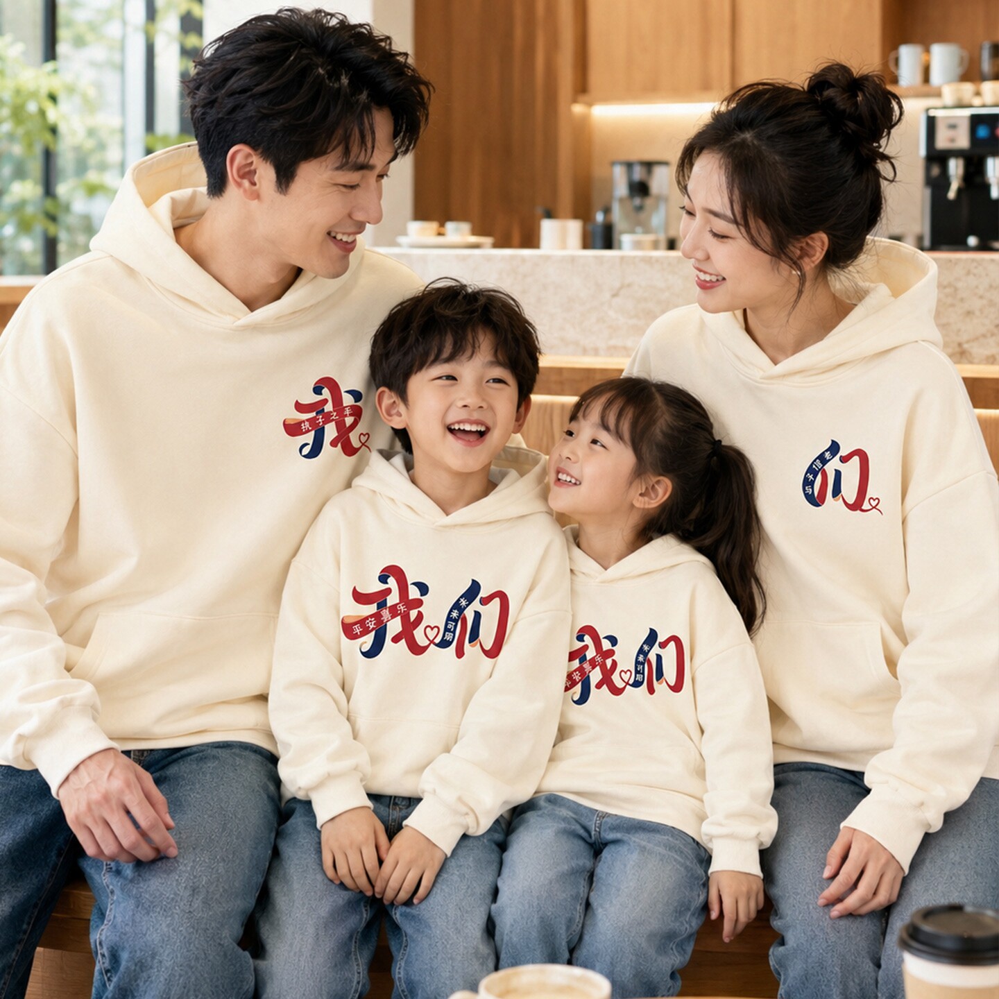 旅游度假亲子装秋一家三四口连帽卫衣全家福新款母子母女表演服装