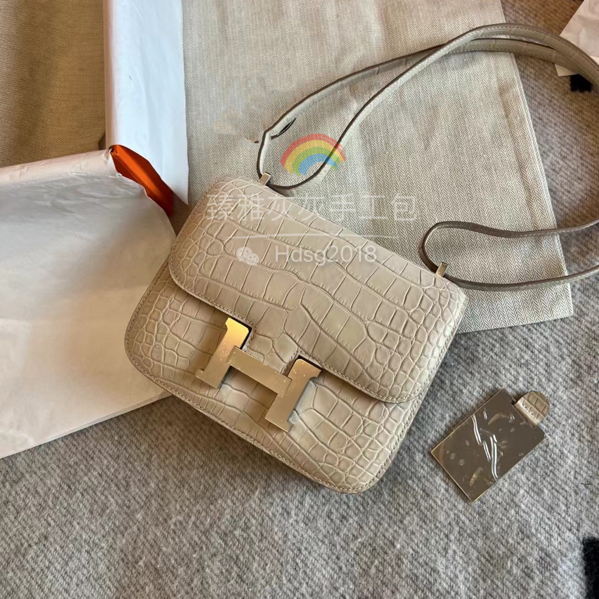 康康包19 S2风衣灰雾面美洲方块鳄鱼皮 全手工制作空姐斜挎单肩包