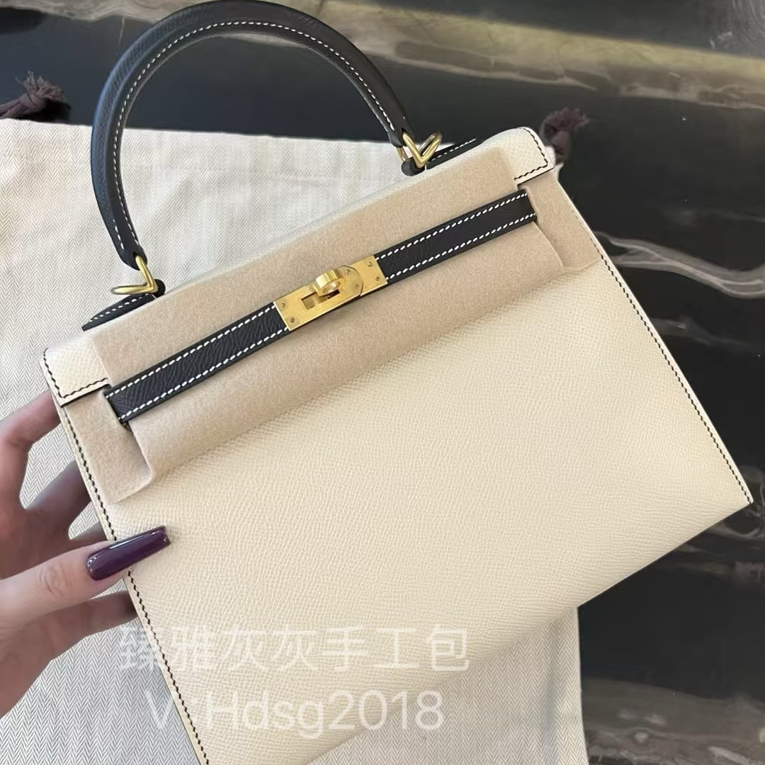 凯莉包25 黑白熊猫拼的黑色奶昔白Epsom皮拉丝金扣手工手提单肩包