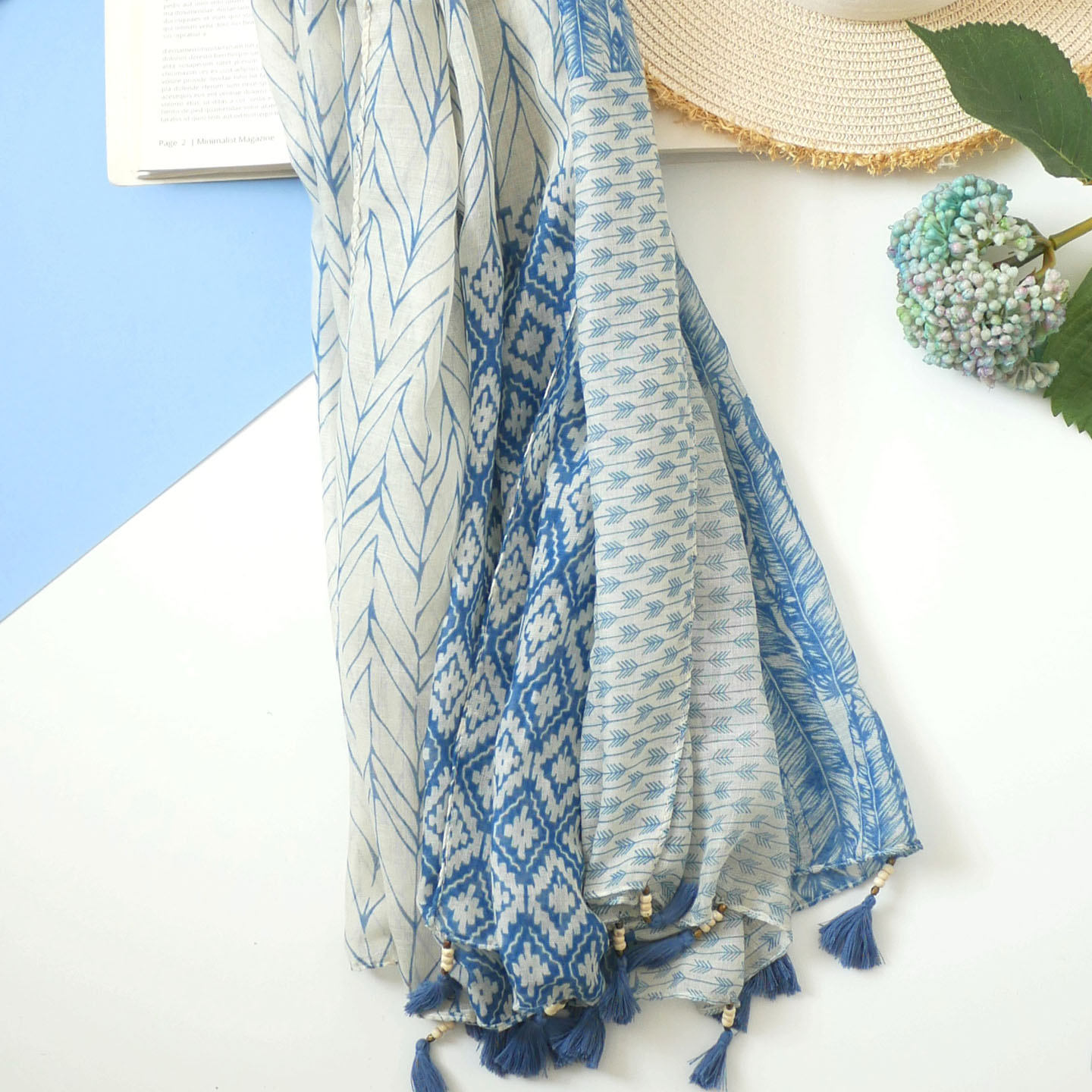 如常 素雅蓝色棉麻围巾女 青海湖新疆文艺风旅游薄披肩遮阳头巾
