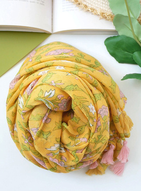 花与夕阳 显白姜黄色棉麻围巾女 清新文艺复古花卉春夏丝巾薄披肩