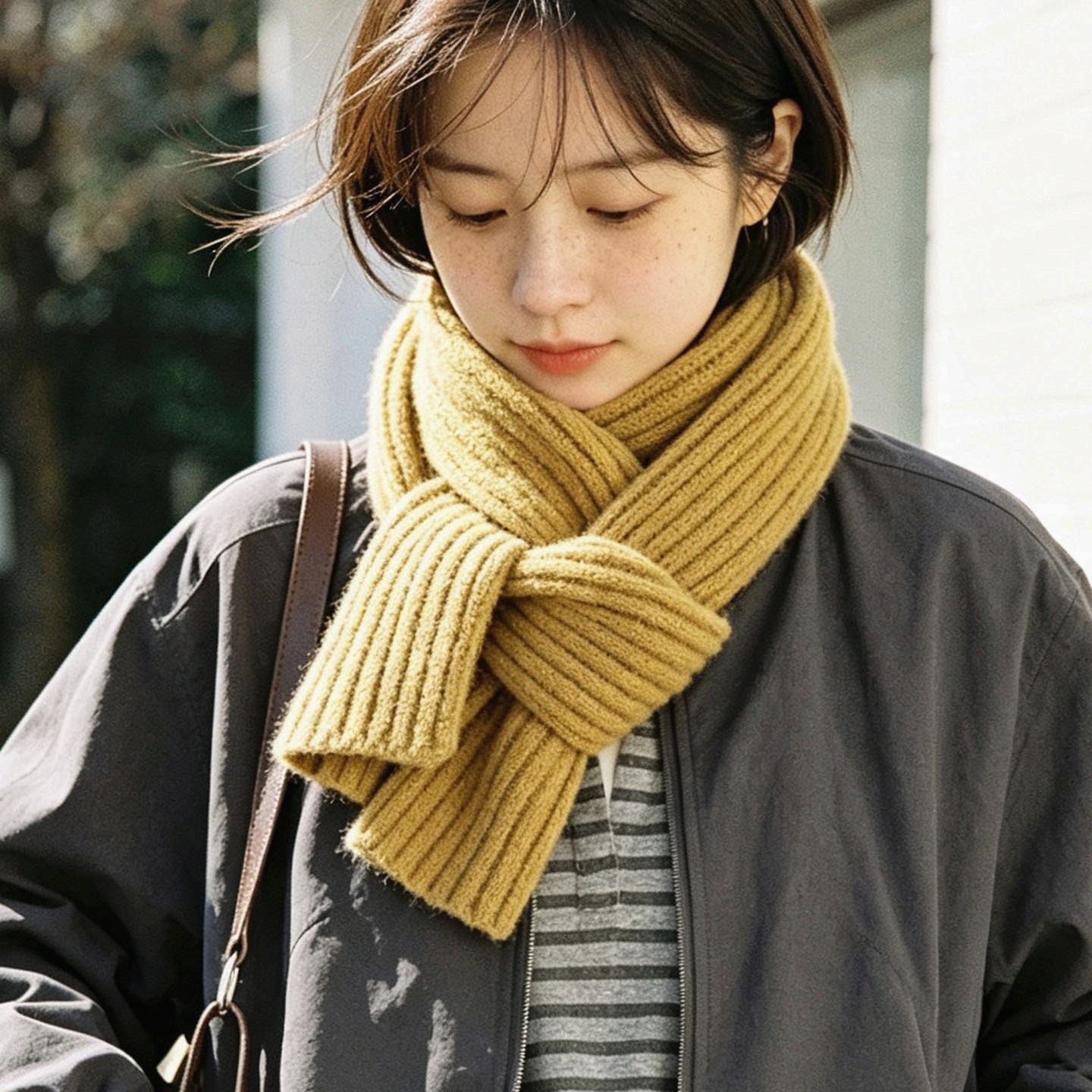 日系文艺显白姜黄色羊毛混纺针织小围巾女 2026秋冬保暖毛线围脖