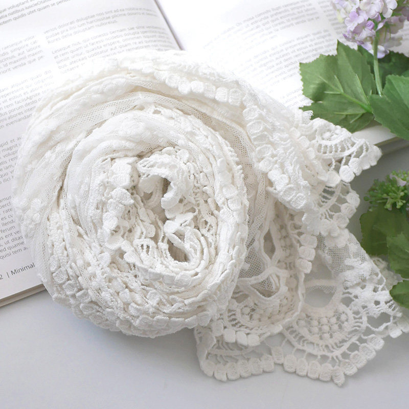 夏天的雪 春夏新款围巾女 唯美白色刺绣花边丝巾 森系蕾丝长围巾