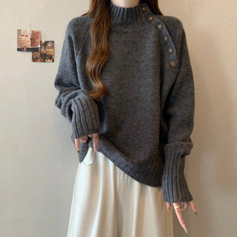 2025秋冬新款半高领灰色毛衣上衣大码女装胖mm宽松慵懒加厚针织衫
