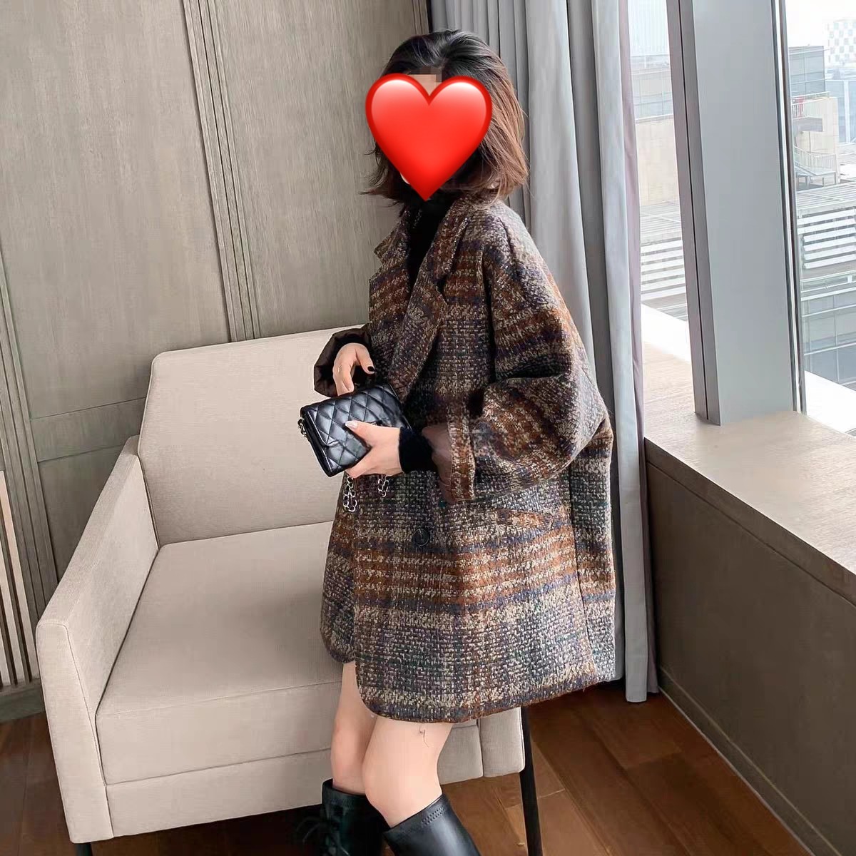 格子中长款毛呢外套女2025秋冬新款韩版高级宽松呢子大衣西装外套