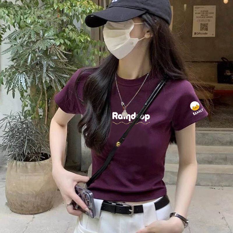 2026夏新款短款紫色多巴胺正肩短袖T恤女辣妹上衣设计感修身上衣