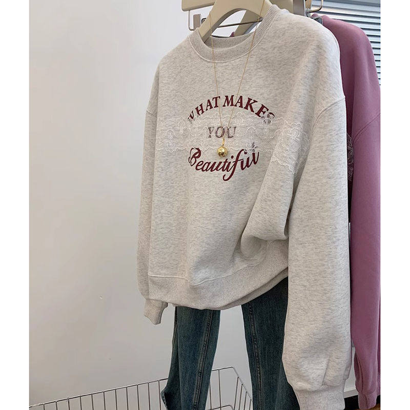 加绒加厚圆领套头卫衣女小个子设计感小众宽松显瘦正肩花灰色